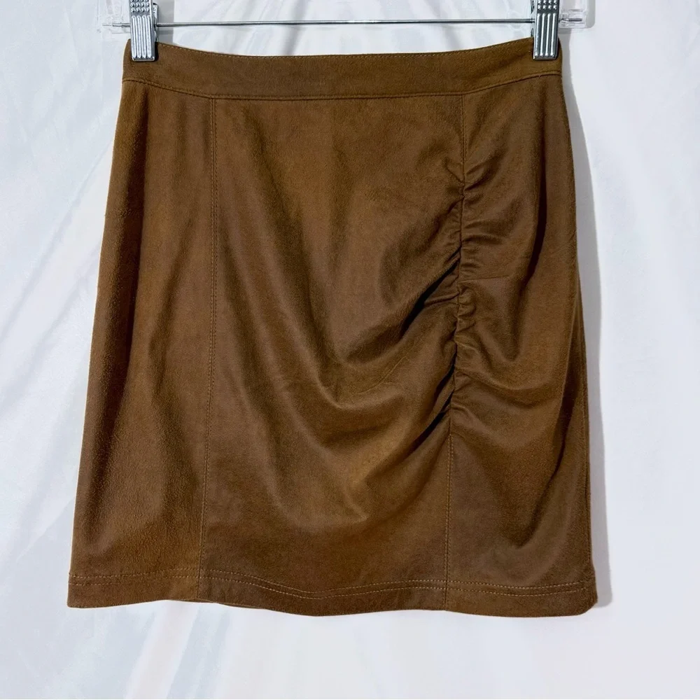 Free People Camel Colored Rumi Ruched Faux Suede Mini Skirt Size XS
